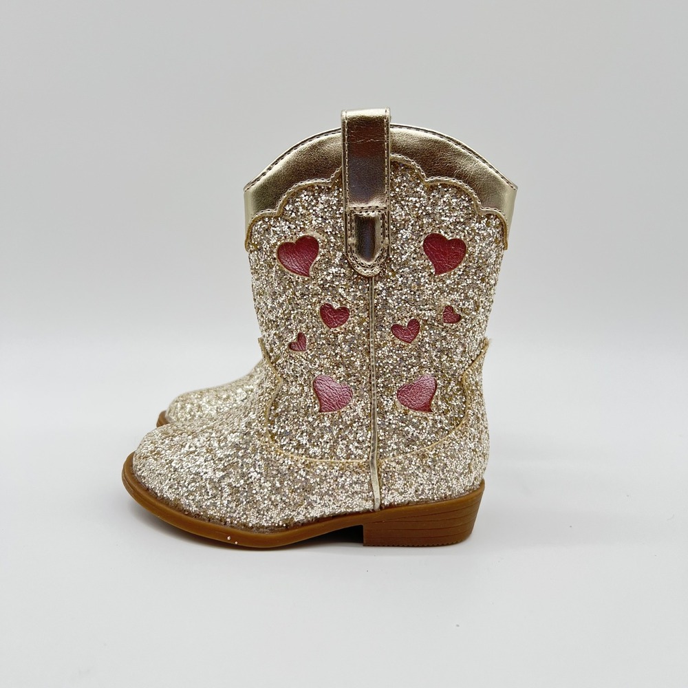 Cat & Jack Toddler Girls Dallas Glitter Cowboy Boots Gold Pink Hearts Size 6